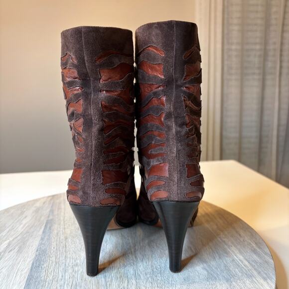 Andrea Pfister Vintage Italy Brown Suede Leather Cutout Flame Boots 38 US 8 - Picture 6 of 9